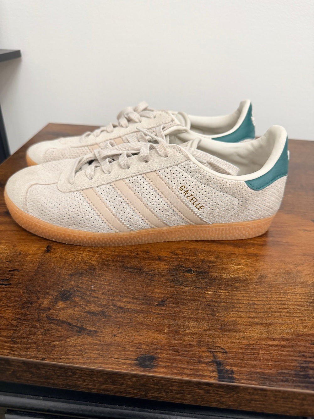 adidas Cream Suede Gazelle Sneakers with Gum Sole and Teal Heel